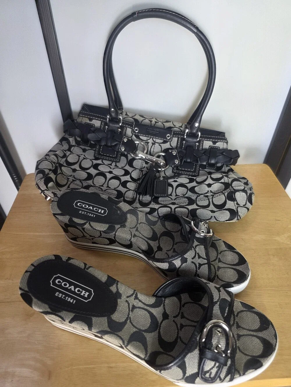 Coach Black and Gray Signature Satchel with Matching Wedge Slides Shoes Size 11